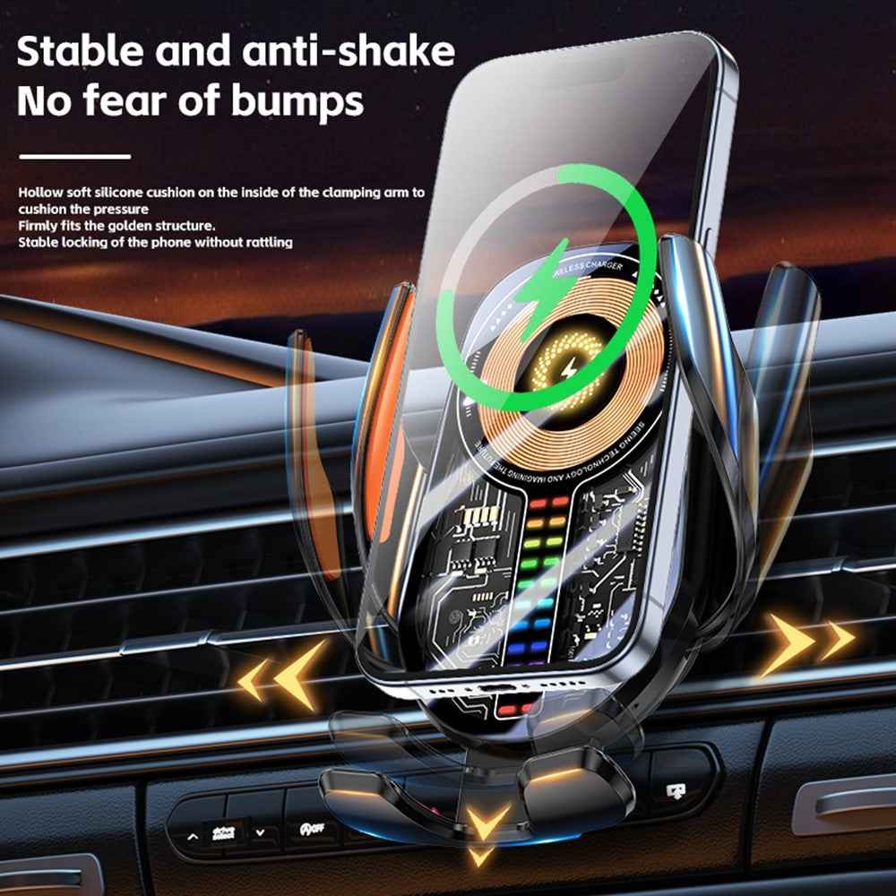 C28 Ambient Light Car Phone Mount Stand Wireless Charger Three-Axis Linkage Phone Holder - Silver