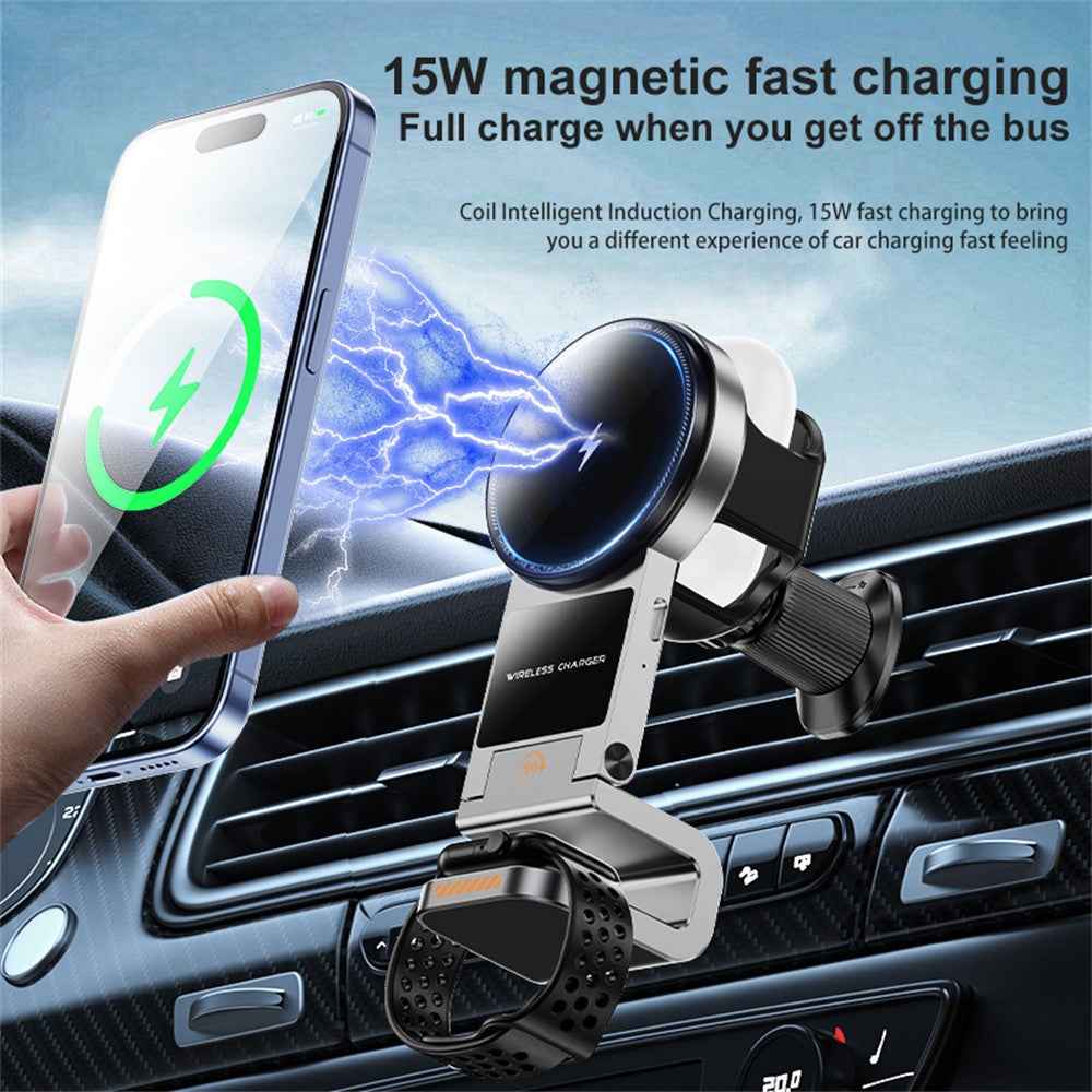 SD16 Car Air Vent Phone Holder Magnetic 3 in 1 Wireless Charger for Phone Watch Earphone - Black