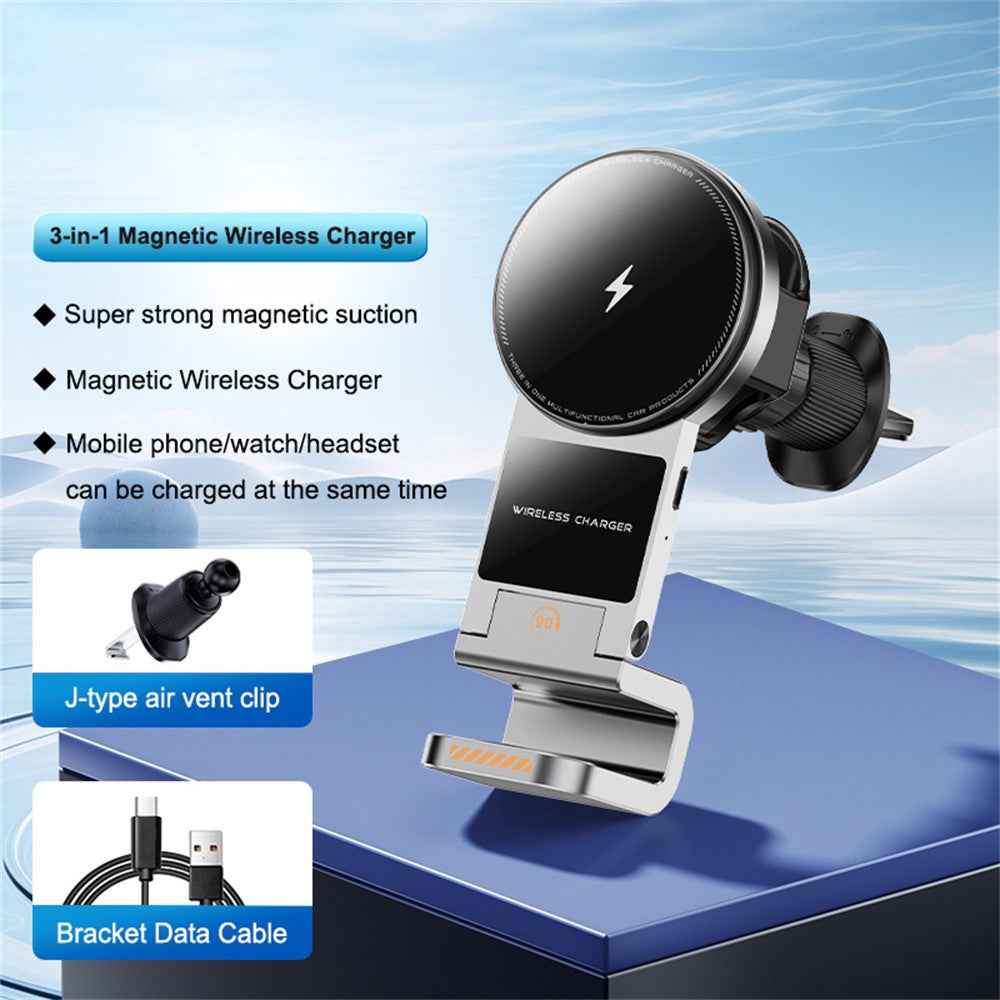 SD16 Car Air Vent Phone Holder Magnetic 3 in 1 Wireless Charger for Phone Watch Earphone - Grey
