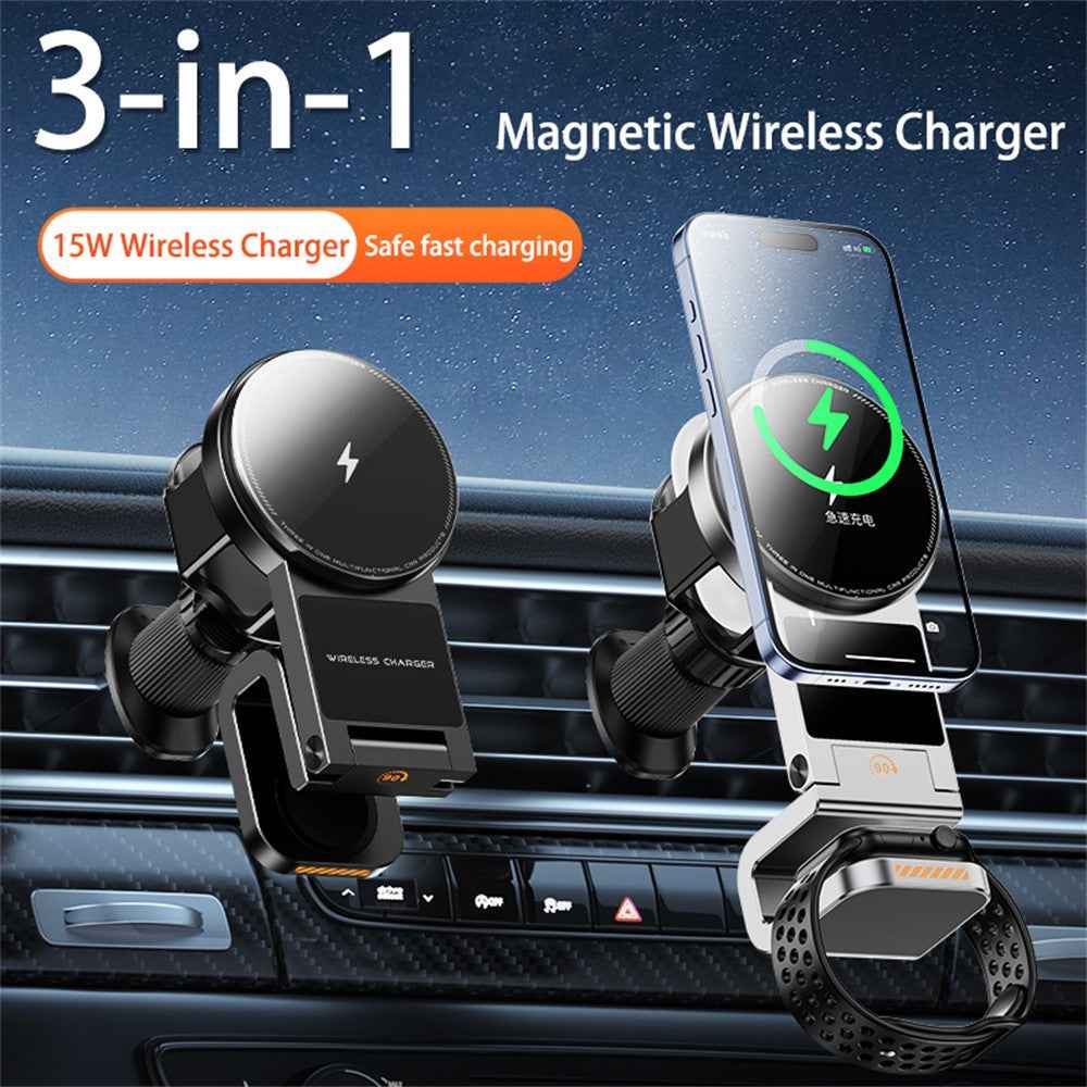SD16 Car Air Vent Phone Holder Magnetic 3 in 1 Wireless Charger for Phone Watch Earphone - Grey
