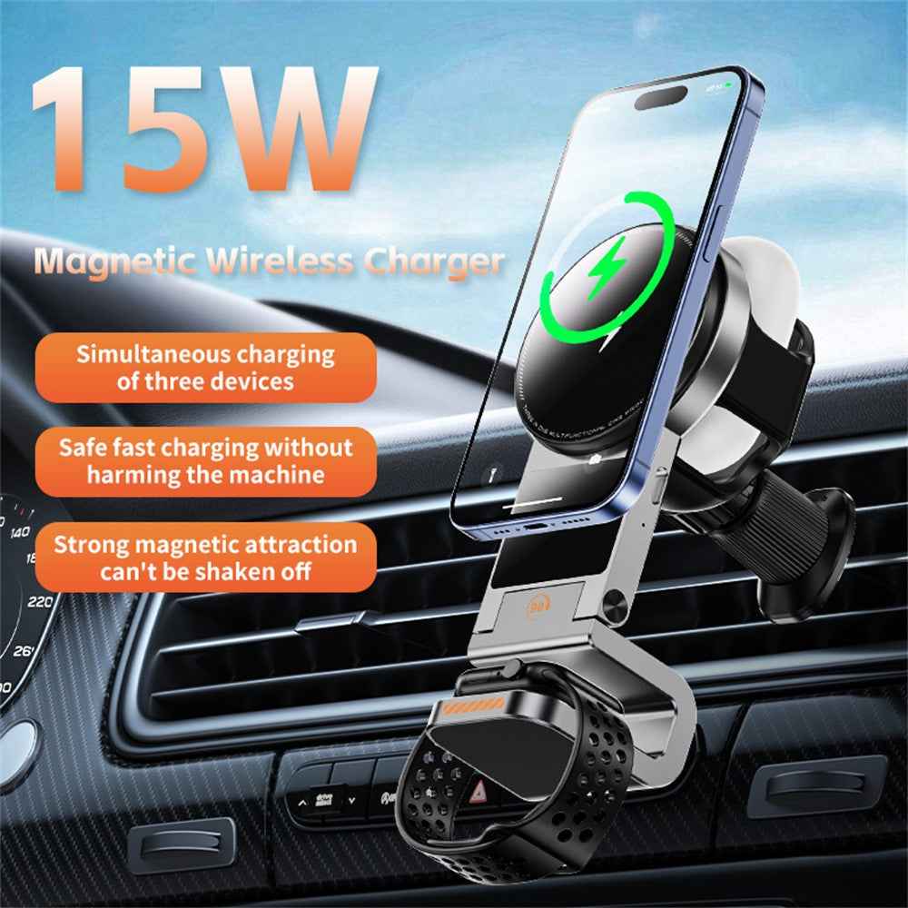 SD16 Car Air Vent Phone Holder Magnetic 3 in 1 Wireless Charger for Phone Watch Earphone - Grey