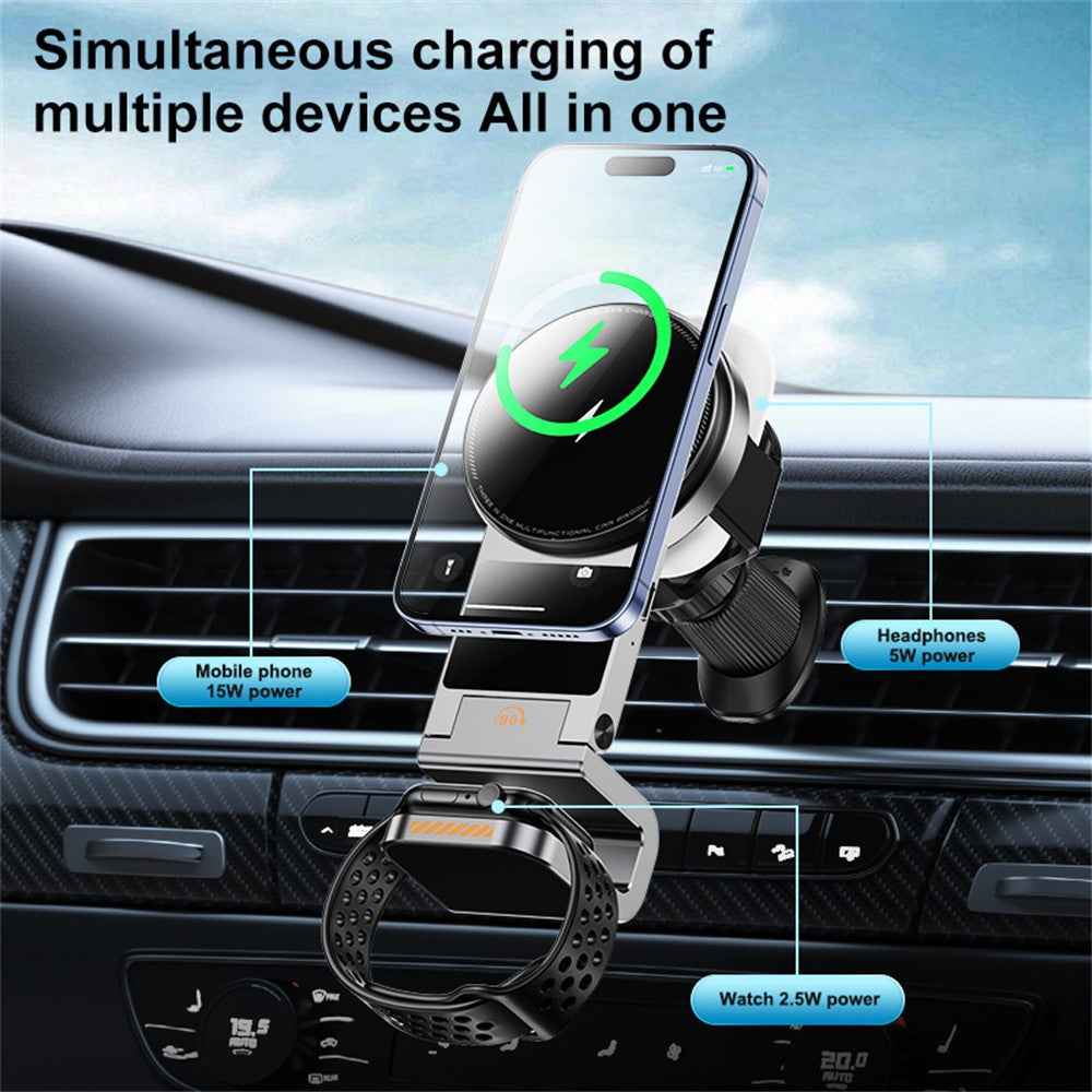 SD16 Car Air Vent Phone Holder Magnetic 3 in 1 Wireless Charger for Phone Watch Earphone - Grey
