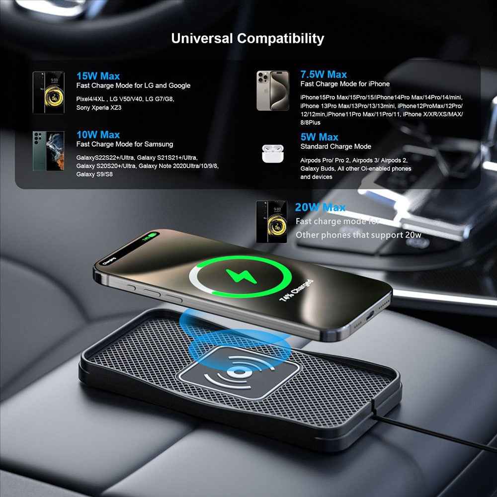 D3 20W Car Wireless Charger with 1m Cable Fast Charging Anti Slip Silicone Pad for Vehicles - USB Plug