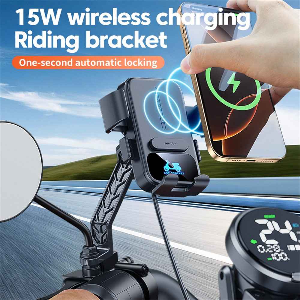 Motorcycle Phone Mount Holder 15W Wireless Charger with Sunshade for Delivery Riders Navigation