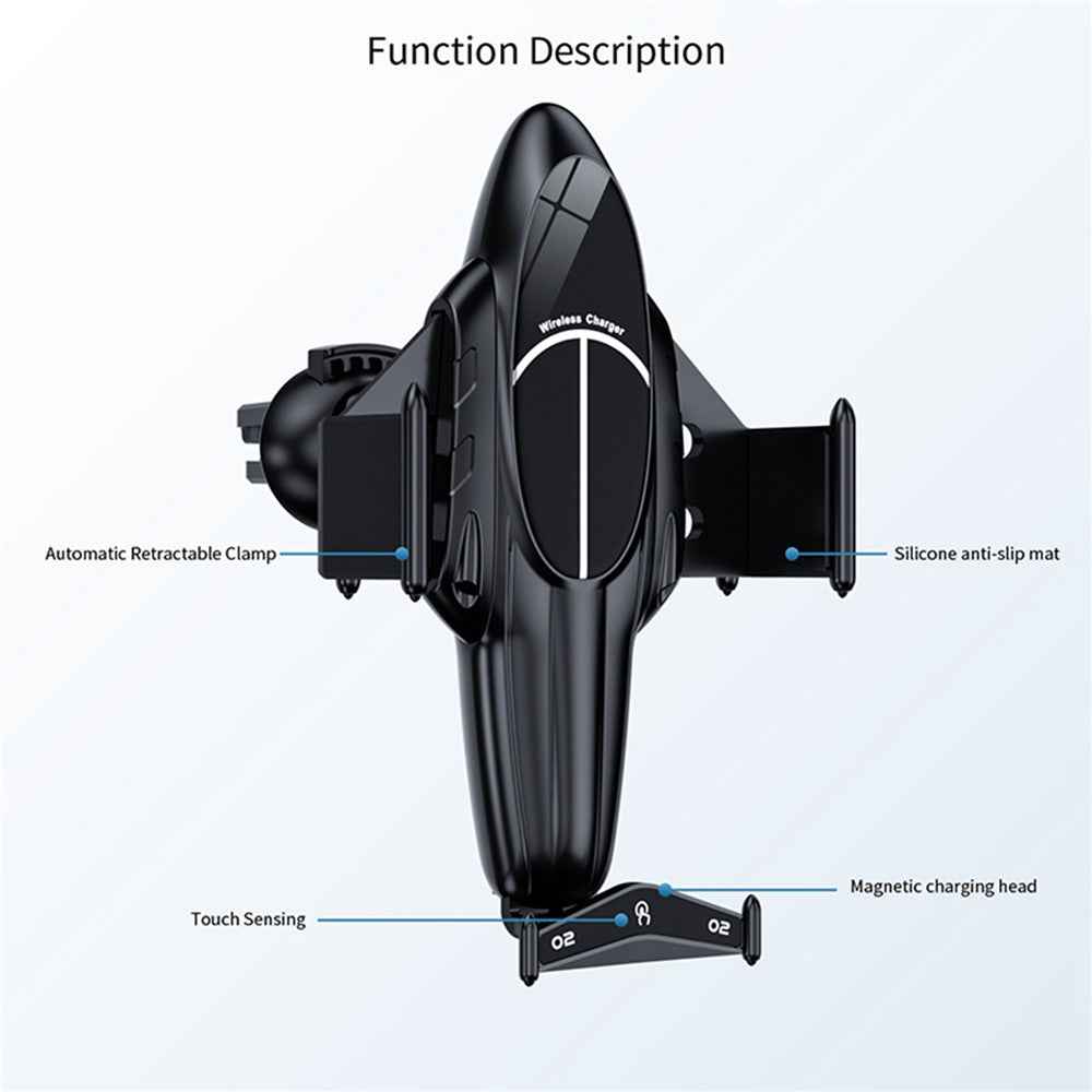 FJ11 Airplane Shape Intelligent Induction Car Air Vent Mount Phone Holder 15W Wireless Charger - Black