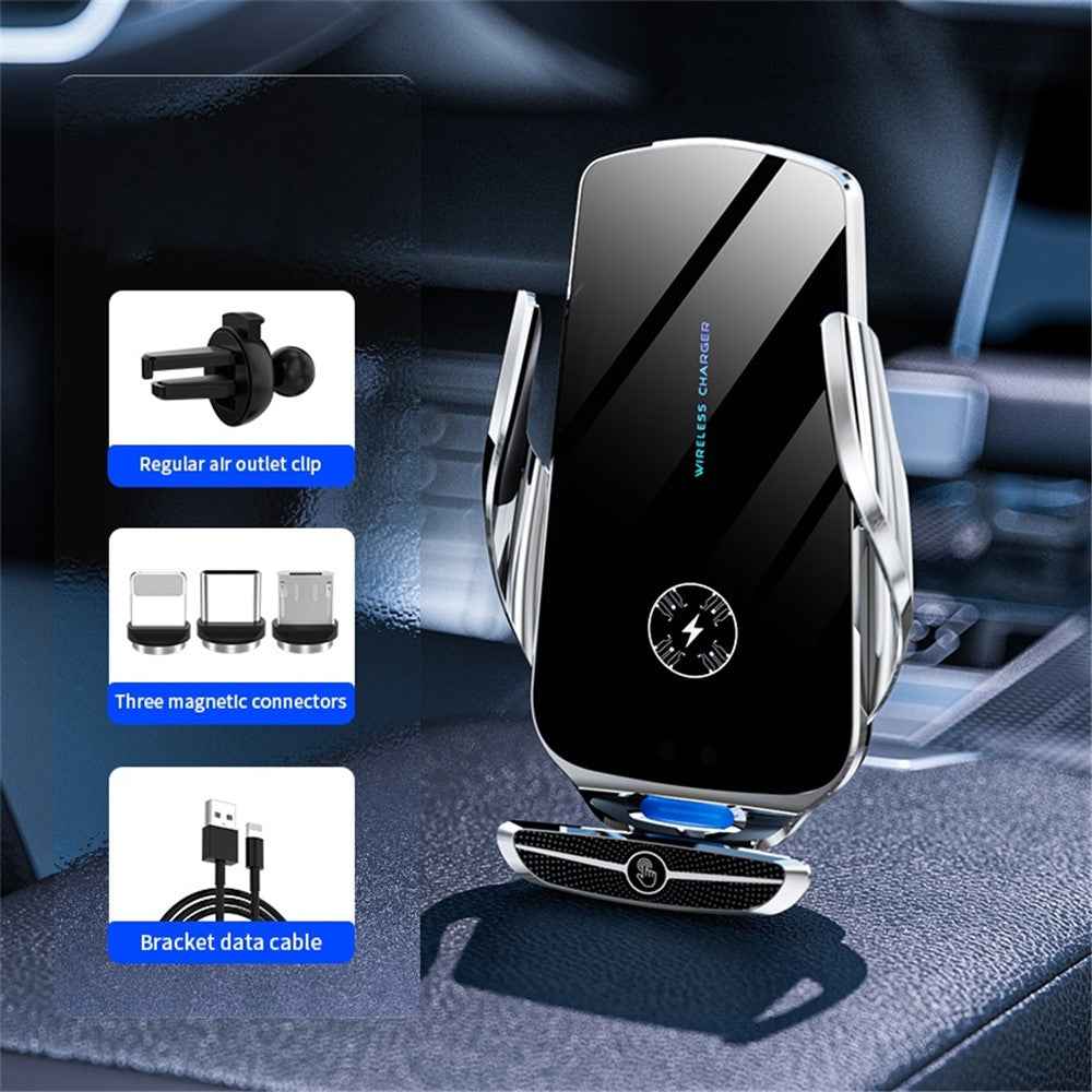 X5 360 Degree Rotation Car Air Outlet Mount 15W Wireless Charger Mobile Phone Holder Smart Touch Sensing Cellphone Bracket - Silver
