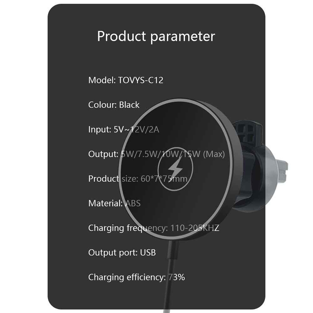C12 15W Car Magnetic Wireless Charger Air Vent Mount Phone Fast Charging Bracket for iPhone 14 / 13 / 12 Series