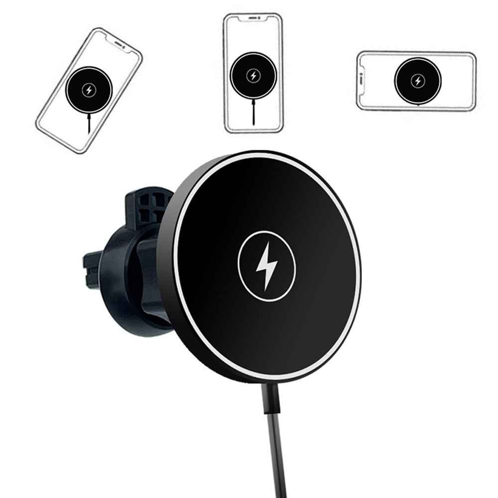 C12 15W Car Magnetic Wireless Charger Air Vent Mount Phone Fast Charging Bracket for iPhone 14 / 13 / 12 Series