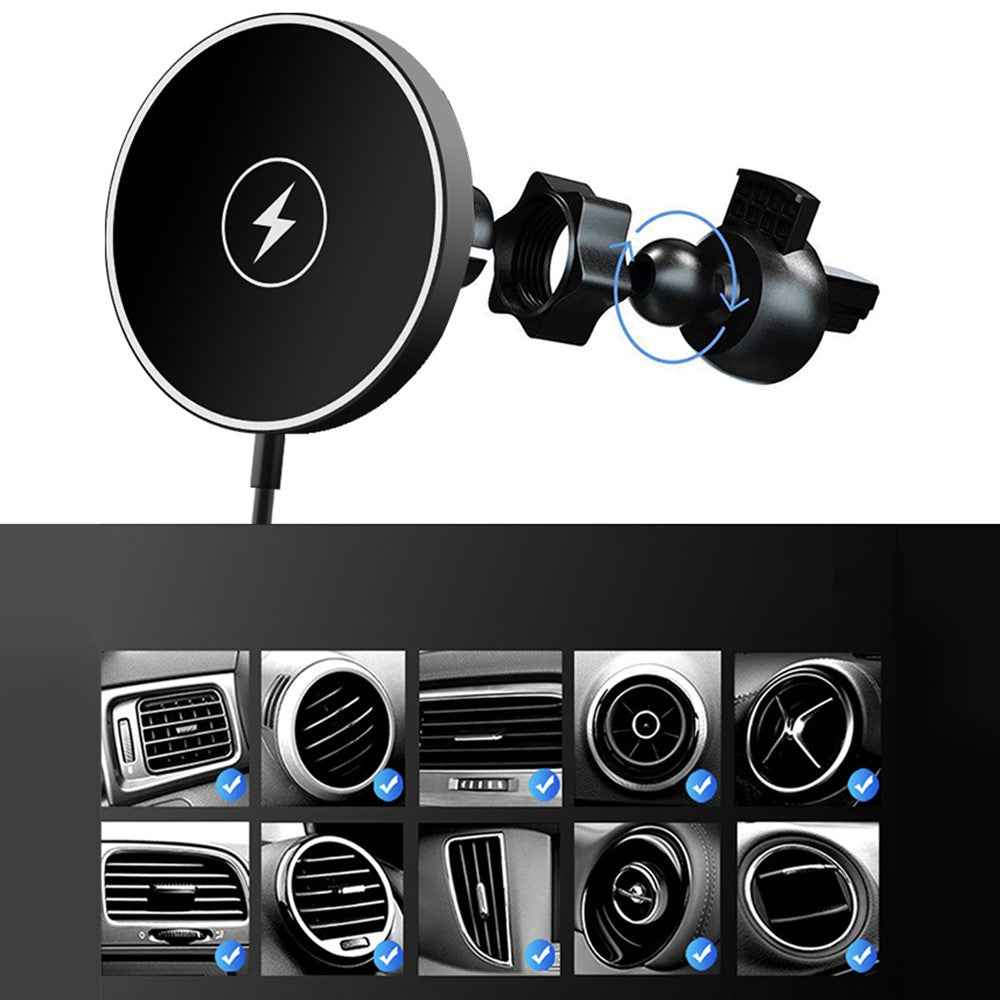 C12 15W Car Magnetic Wireless Charger Air Vent Mount Phone Fast Charging Bracket for iPhone 14 / 13 / 12 Series