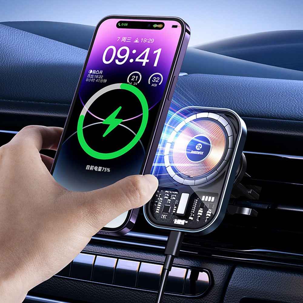 REMAX RM-C18 Car Air Vent Clip Mount 15W Fast Charging Transparent Wireless Charger Compatible with MagSafe