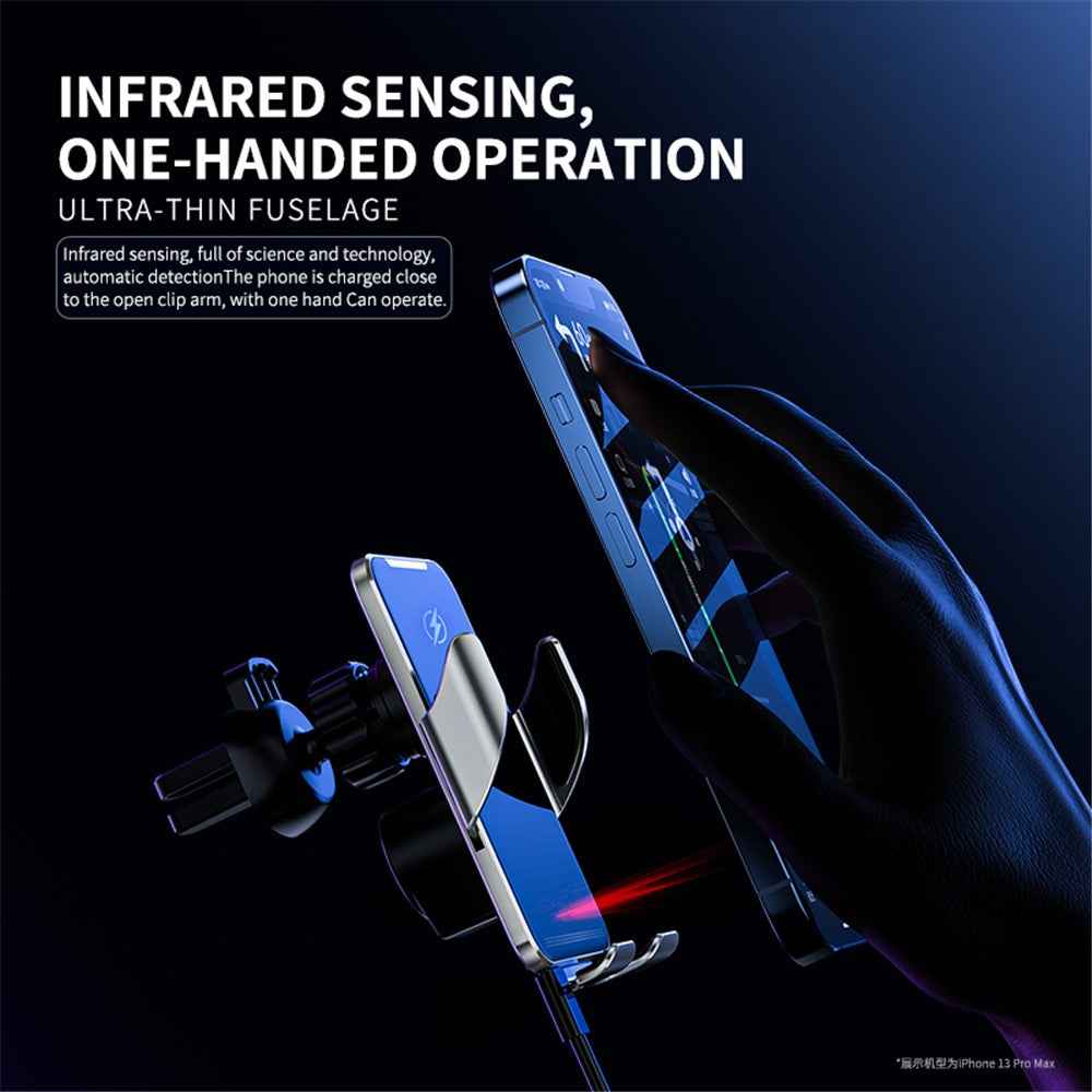 C9 Car Wireless Charger Phone Holder Infrared Auto-Clamping Metal Phone Mount Car Charger - Silver