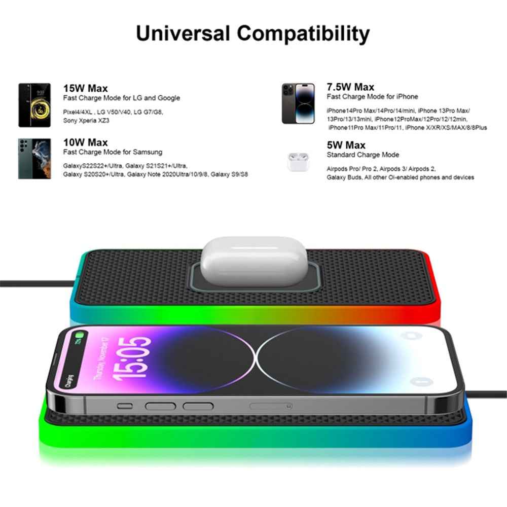 Car 15W Cellphone Wireless Charger Ambient Light Charging Pad Non-Slip Mat with 1m USB Cable