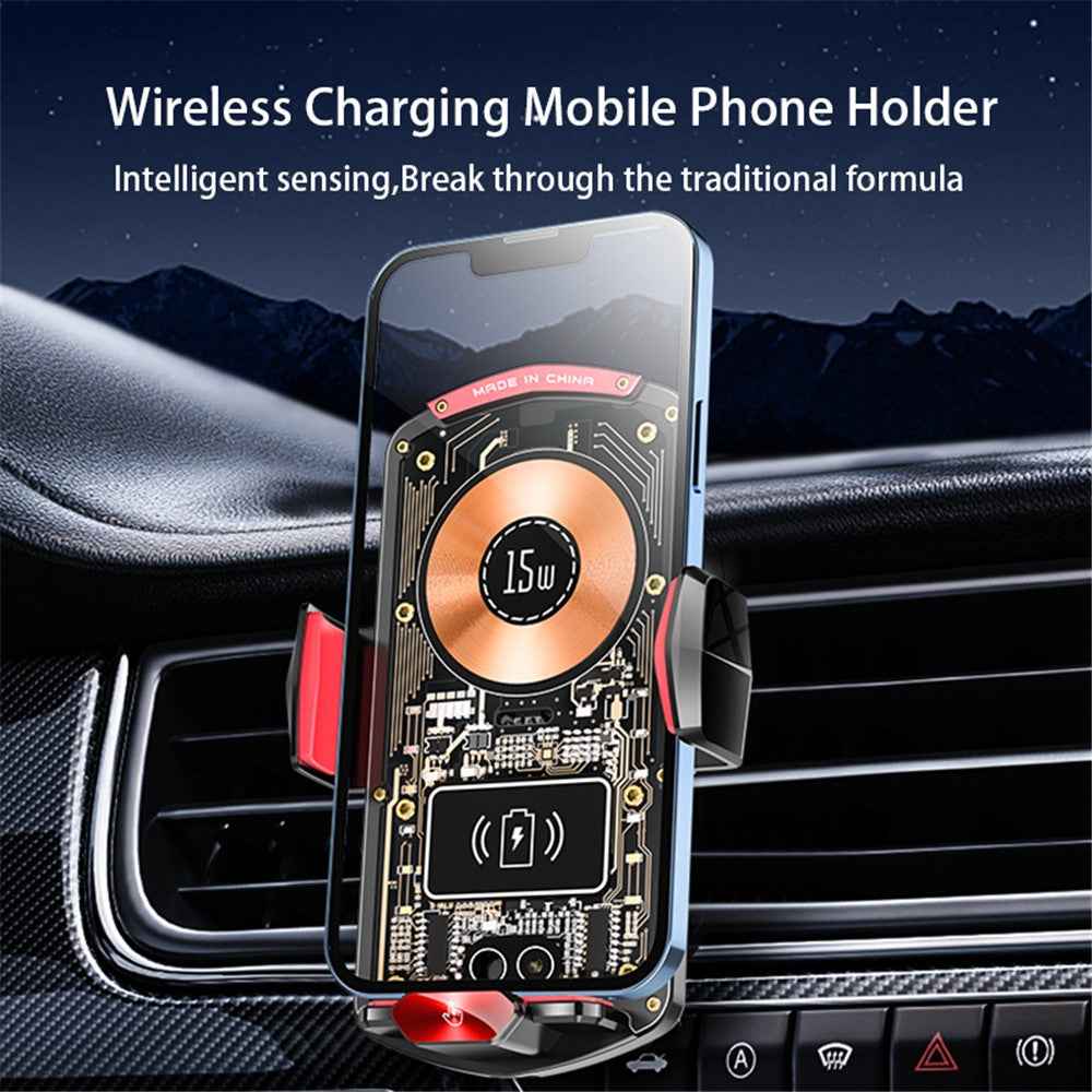 A6 15W Intelligent Magnetic Wireless Charger Phone Mount Automatic Clamping Car Phone Holder with RGB Dazzling Lights - Red