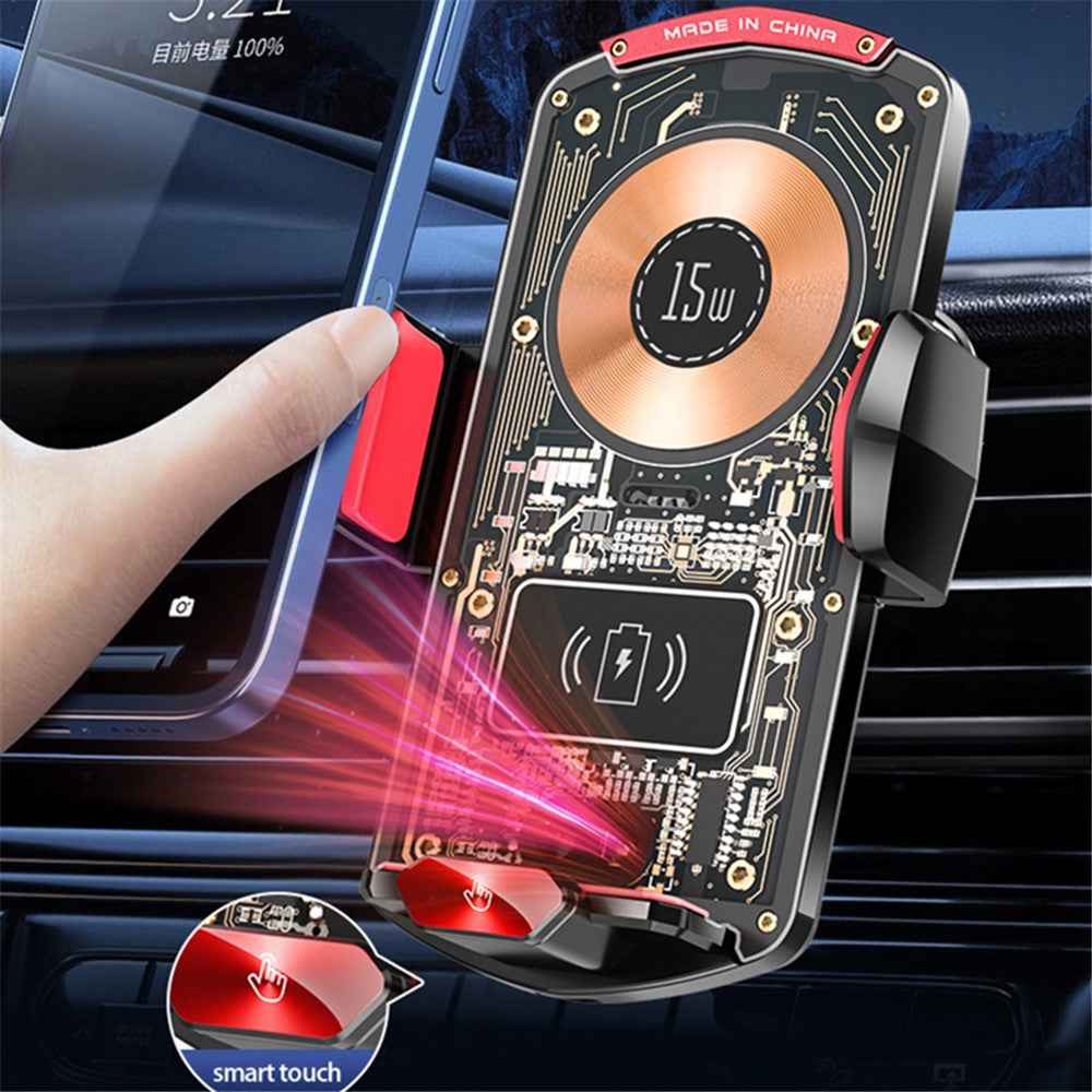 A6 15W Intelligent Magnetic Wireless Charger Phone Mount Automatic Clamping Car Phone Holder with RGB Dazzling Lights - Red