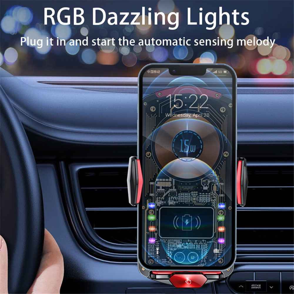 A6 15W Intelligent Magnetic Wireless Charger Phone Mount Automatic Clamping Car Phone Holder with RGB Dazzling Lights - Black