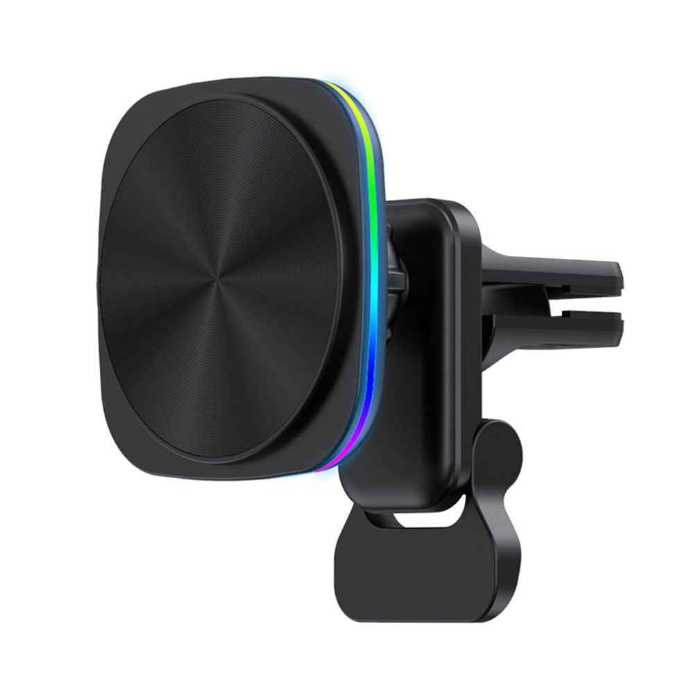 JJT-A92 Car Air Outlet Magnetic Wireless Charger 15W Charging Pad with RGB Light - Black