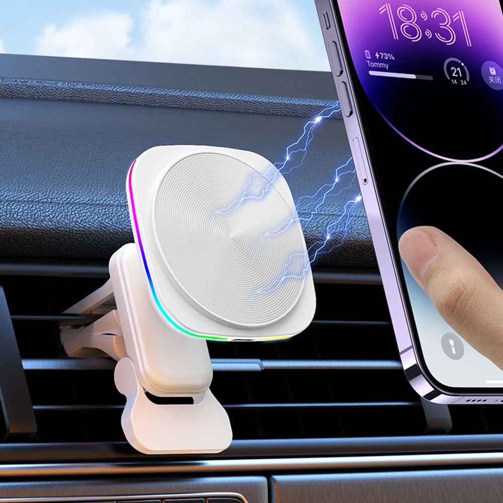 JJT-A92 Car Air Outlet Magnetic Wireless Charger 15W Charging Pad with RGB Light - Black