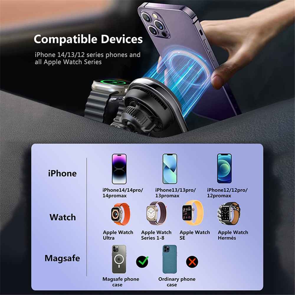 S17 Car Air Outlet Semiconductor Cooling Magnetic Wireless Charger for Apple Watch / iPhone 12-15