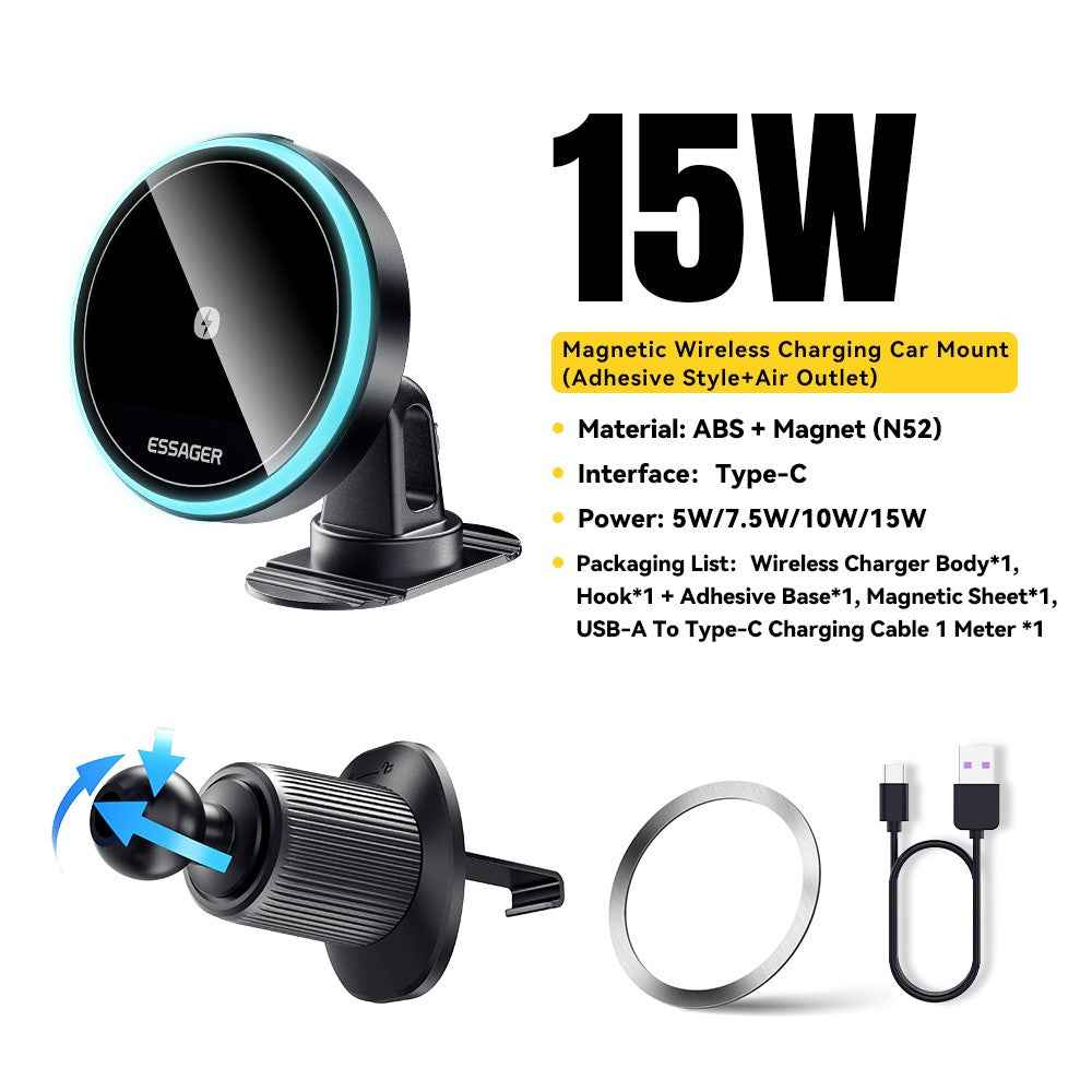 ESSAGER Car Air Outlet+Adhesive Car Mount Magnetic Wireless Charger Phone Bracket Holder