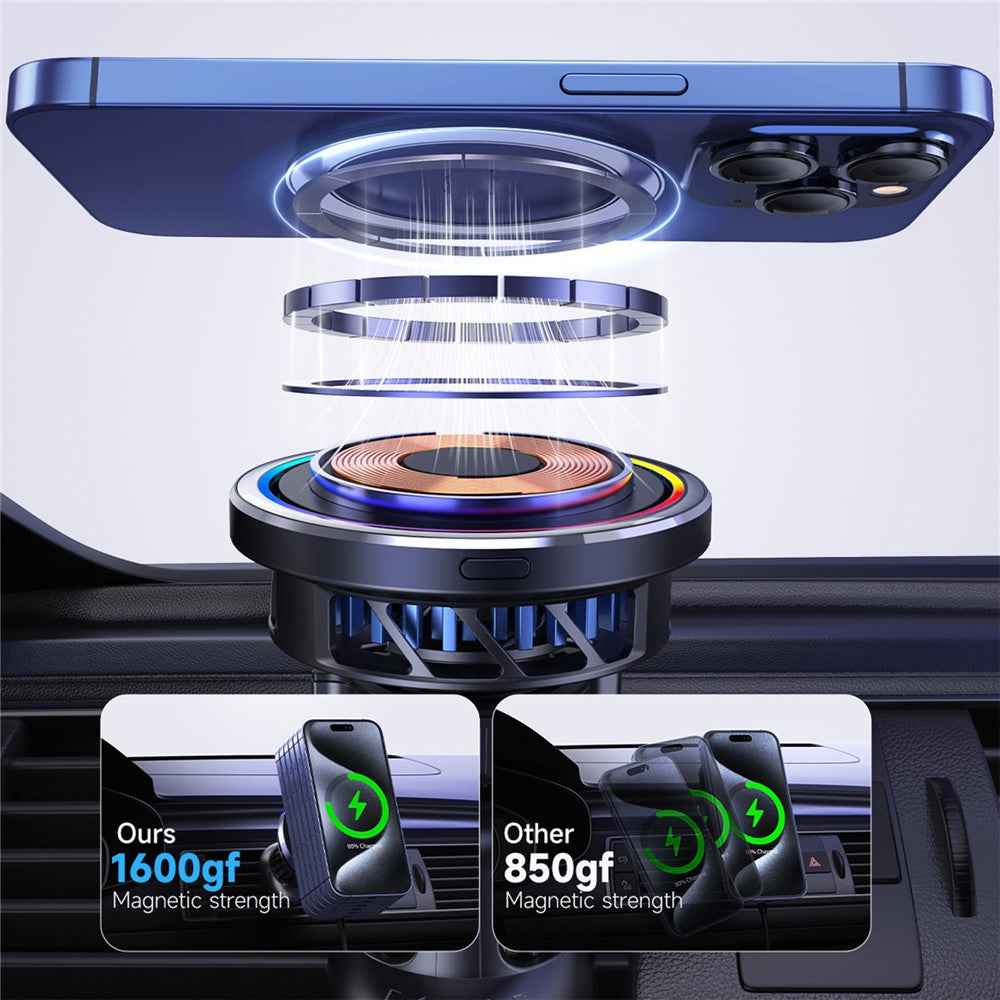 S21 Qi2 15W Car Air Outlet Semiconductor Cooling Phone Wireless Charger, Aluminum Alloy Edge+Tempered Glass Panel