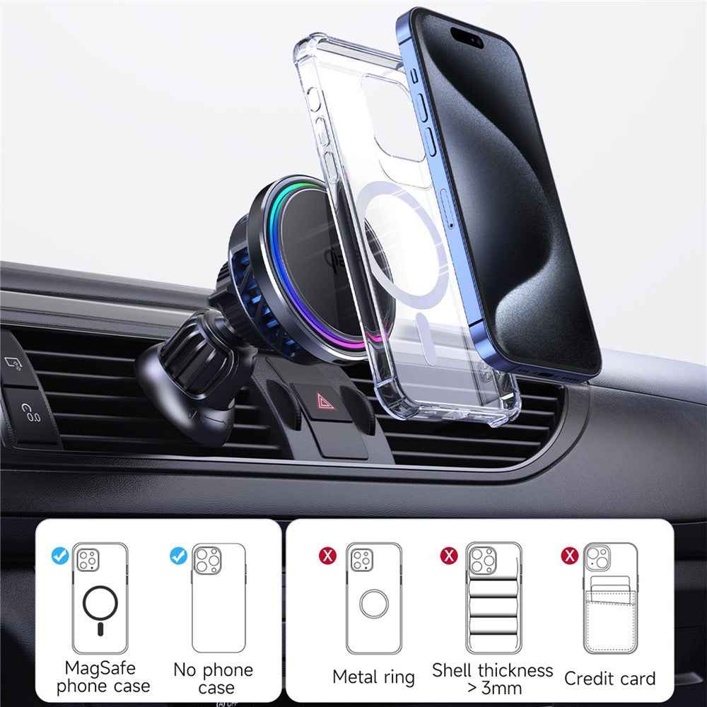 S21 Qi2 15W Car Air Outlet Semiconductor Cooling Phone Wireless Charger, Aluminum Alloy Edge+Tempered Glass Panel