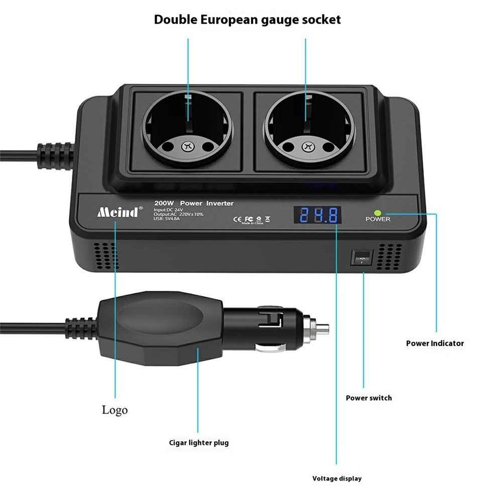 MEIND M8300 24V to 220V High Power 200W Car Inverter with Dual EU Power Socket + 4 USB Ports