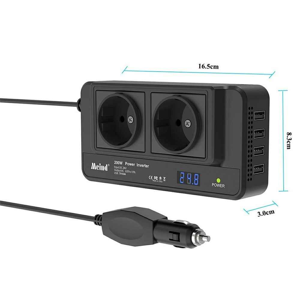 MEIND M8300 24V to 220V High Power 200W Car Inverter with Dual EU Power Socket + 4 USB Ports