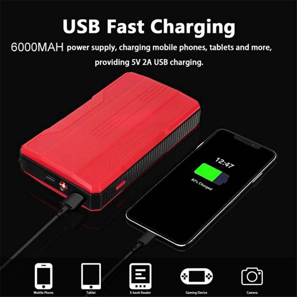 R23 Car Emergency Starter 6000mAh Power Bank External Battery Pack Portable Phone Charger with LED Light - Red