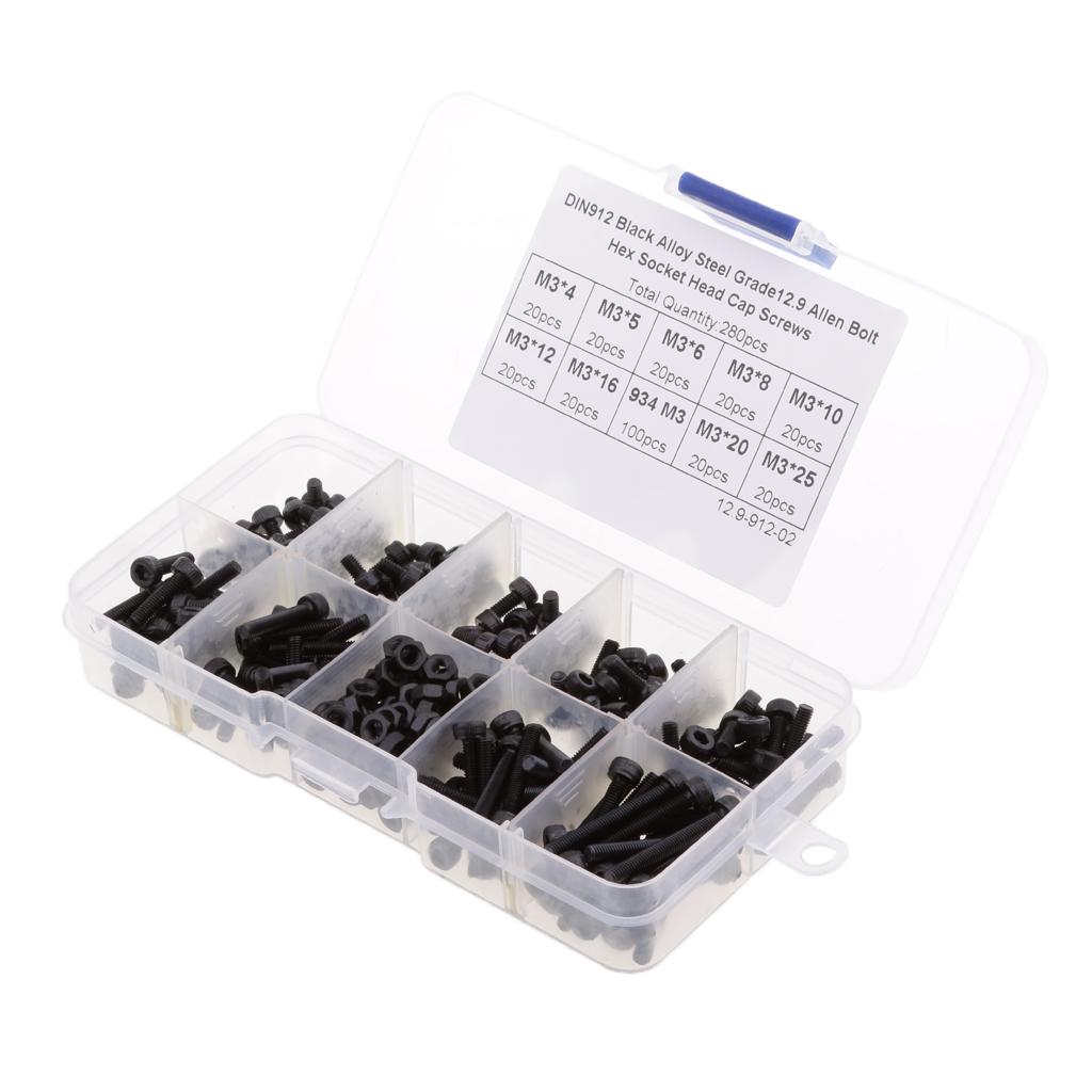 280Pcs Carbon Steel M3 Screw Kits Hex Socket 4mm-25mm Head Tapping Cap Set