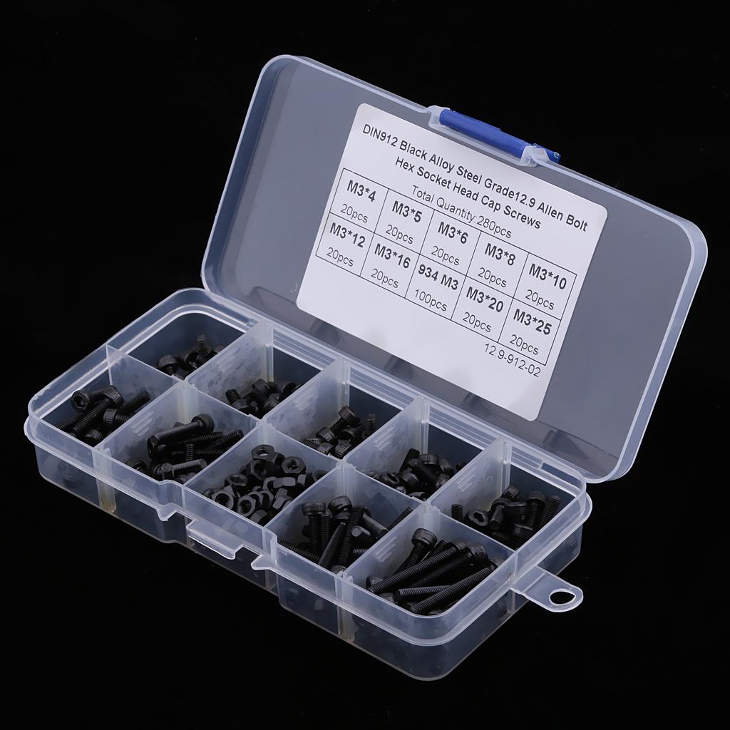 280Pcs Carbon Steel M3 Screw Kits Hex Socket 4mm-25mm Head Tapping Cap Set