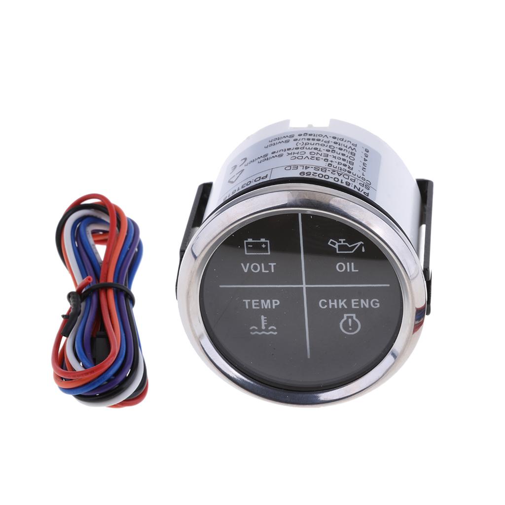52mm 2 4 LED Alarm Gauge VOLT OIL TEMP CHK ENG Indicator Black Chrome"