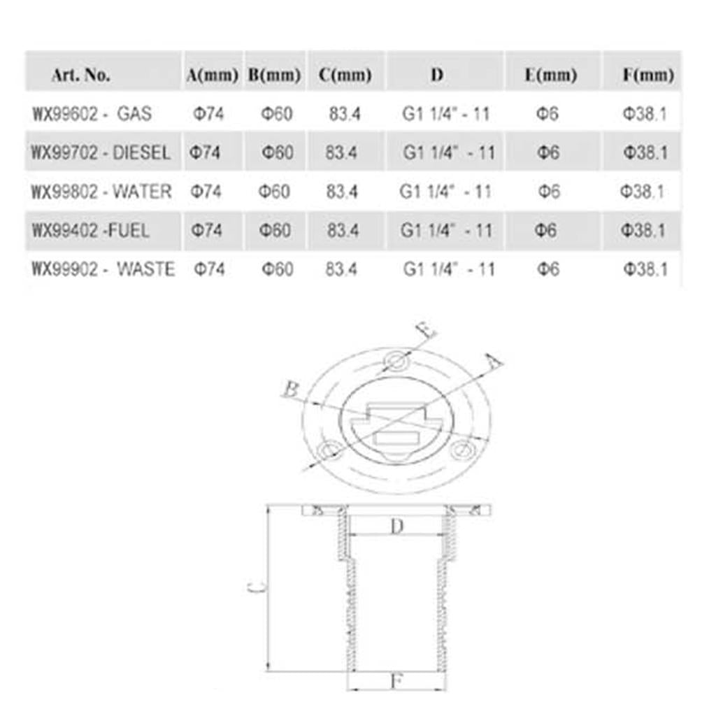 Boat Deck Fill / Filler Keyless Cap 38mm - Waste - 316 Stainless Steel