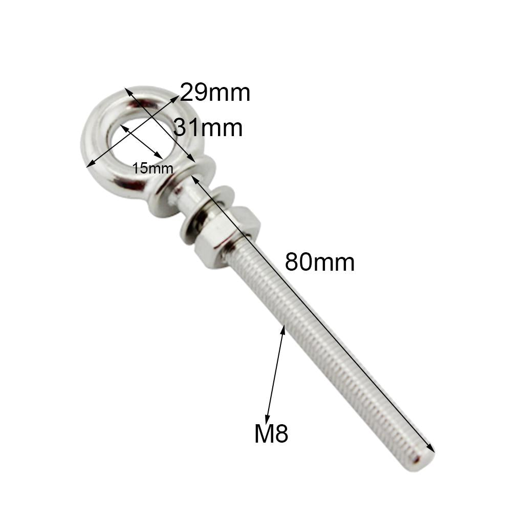 M8 x 80mm Stainless Steel Long Shank Eye Bolt for Washer and Nut