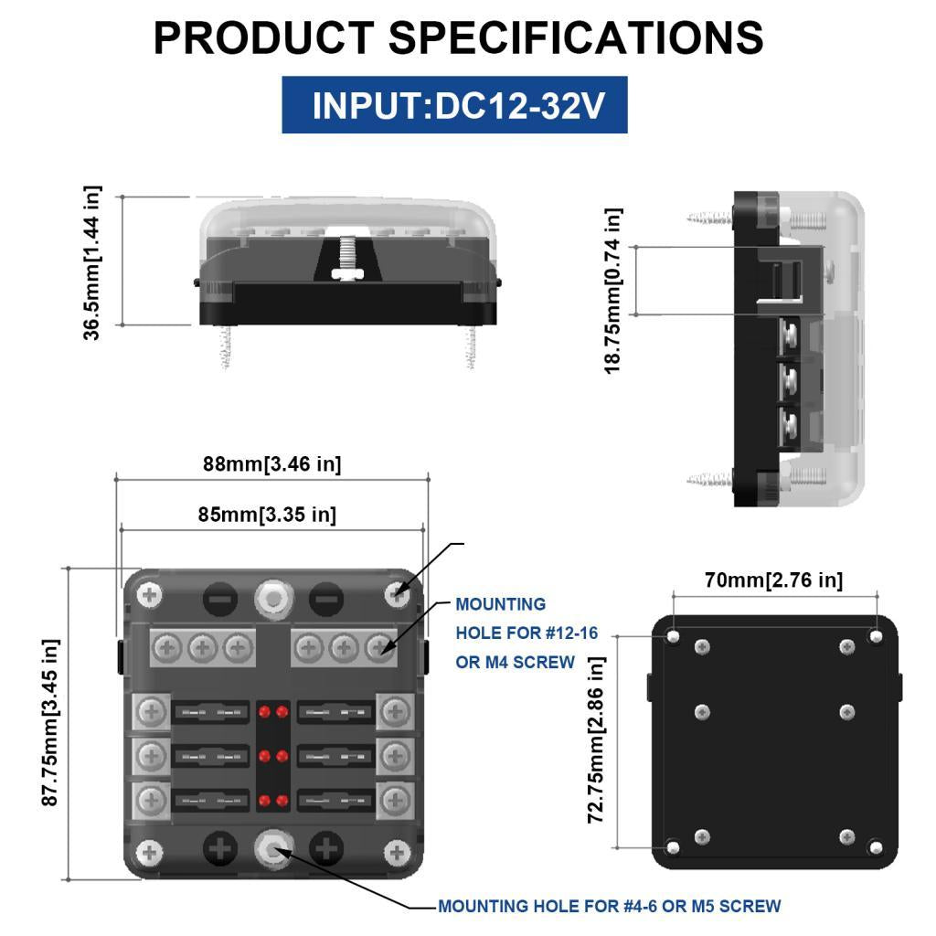6-Way Blade Fuse Box for LED Indicator and Protection Cover
