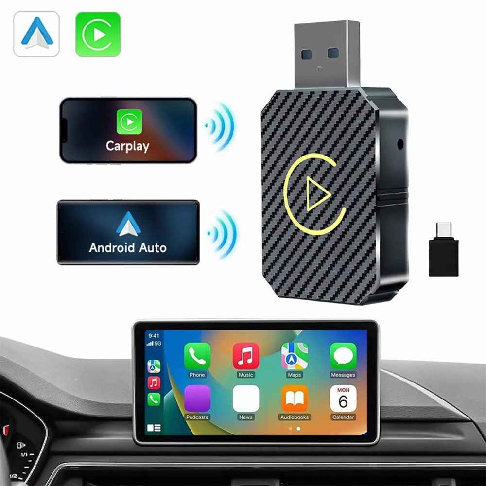 R5050 2 In 1 Wireless CarPlay Android Auto Adapter Carbon Fiber Texture WiFi Bluetooth-compatible 5.0 Smart Dongle