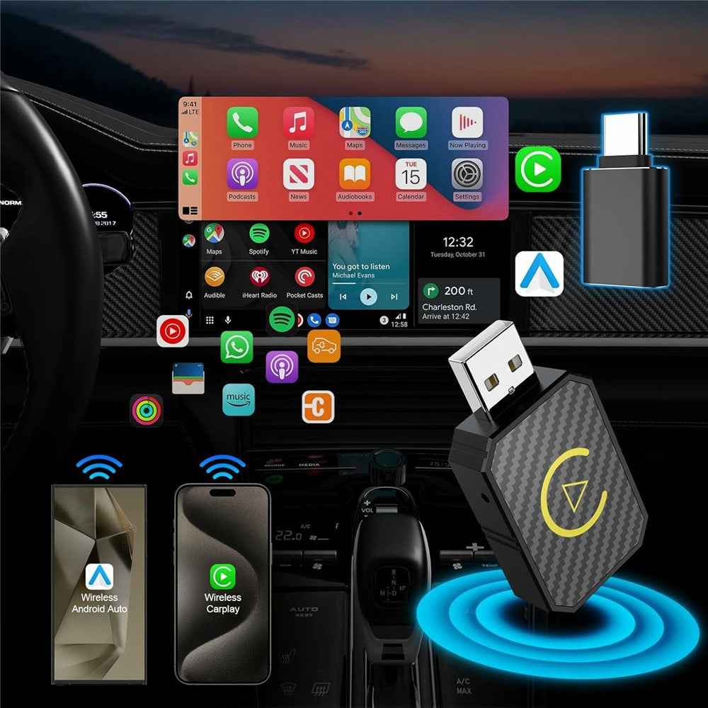 R5050 2 In 1 Wireless CarPlay Android Auto Adapter Carbon Fiber Texture WiFi Bluetooth-compatible 5.0 Smart Dongle