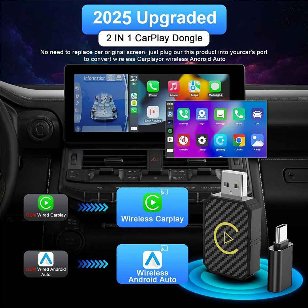 R5050 2 In 1 Wireless CarPlay Android Auto Adapter Carbon Fiber Texture WiFi Bluetooth-compatible 5.0 Smart Dongle