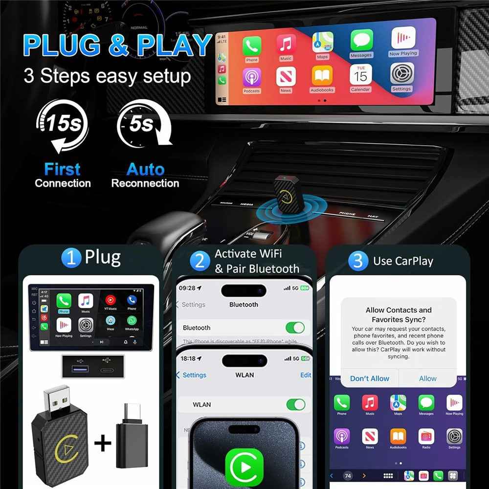 R5050 2 In 1 Wireless CarPlay Android Auto Adapter Carbon Fiber Texture WiFi Bluetooth-compatible 5.0 Smart Dongle