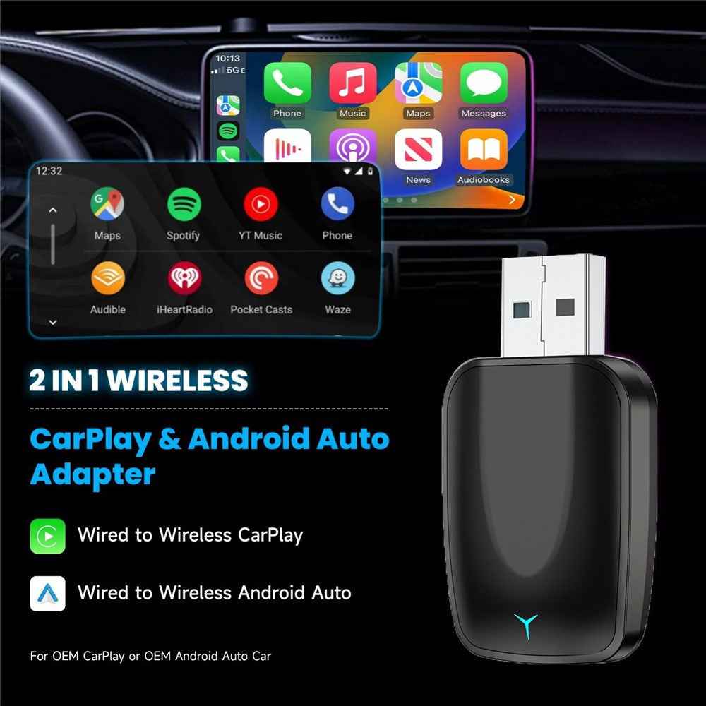 R5032 2 In 1 Wireless CarPlay Android Auto Adapter Plug and Play WiFi Bluetooth-compatible 5.0 Smart Dongle