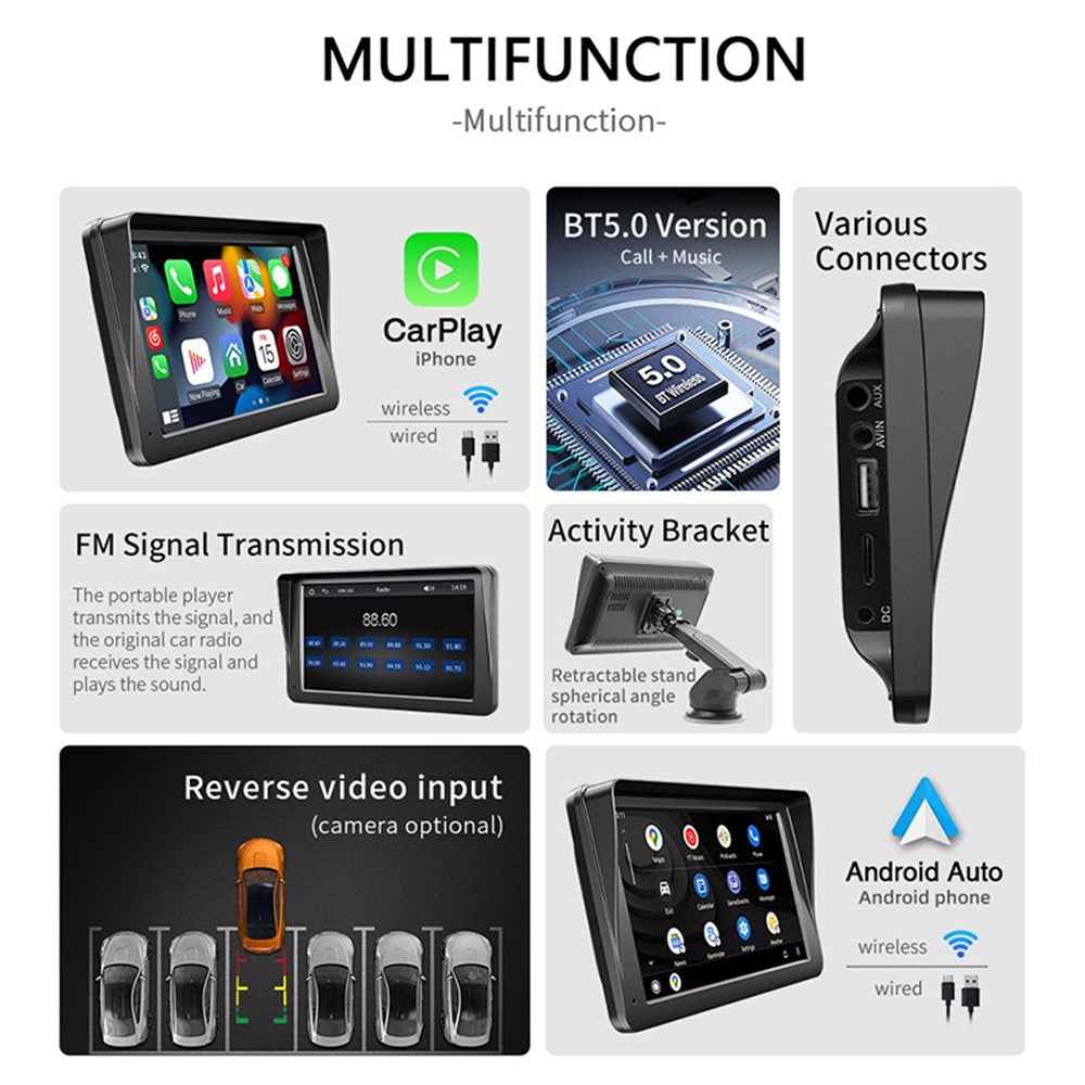 W505G 7-inch Car Bluetooth-compatible HD Video MP5 Player Wireless CarPlay Reverse Image Display with 8 LED Camera