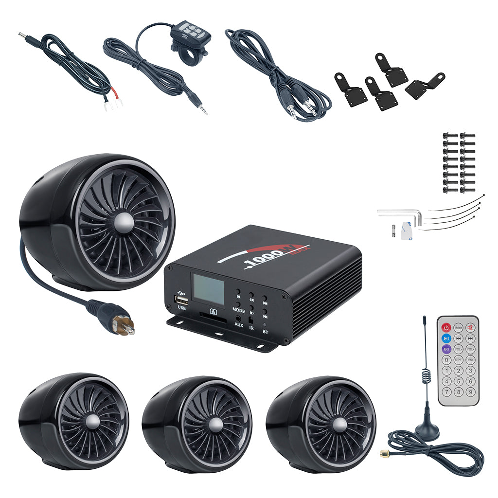1000W Motorcycle Bluetooth Stereo 4 Speakers Audio FM System Black