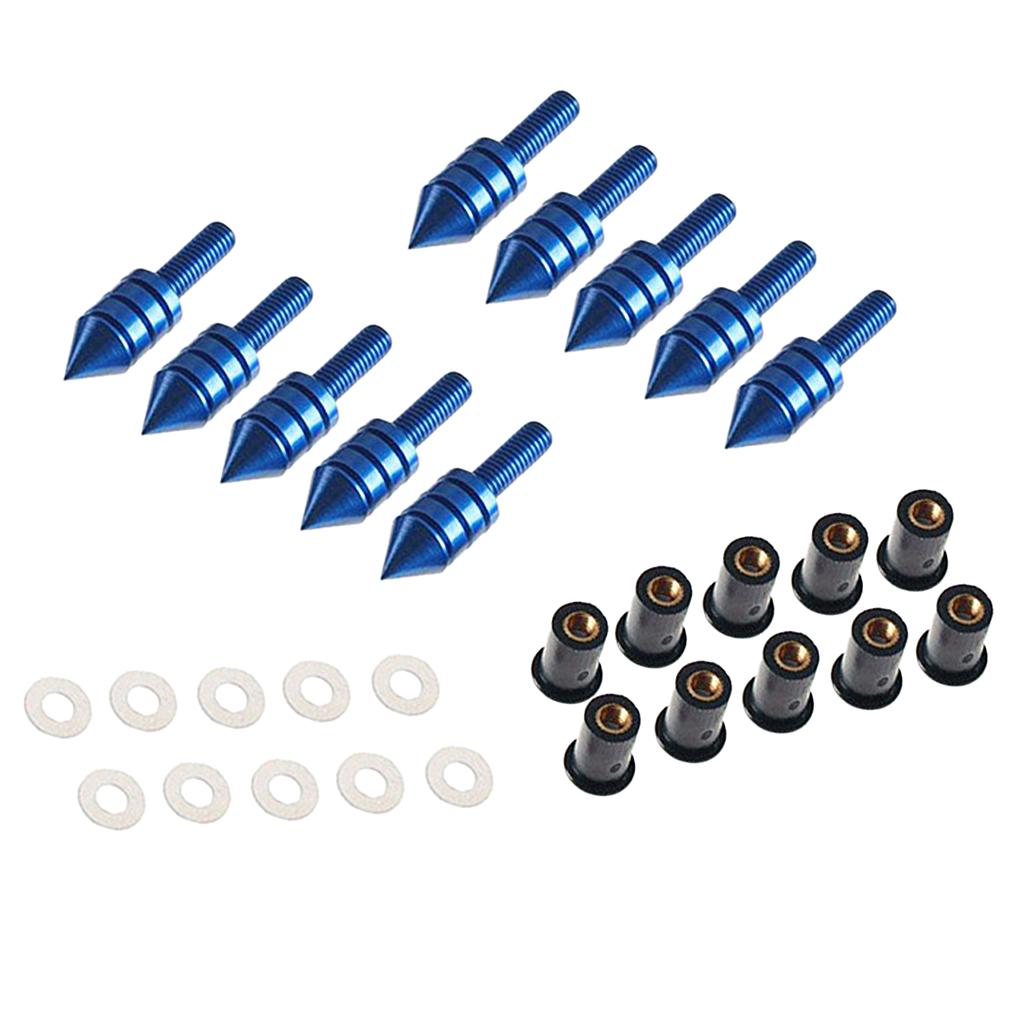 10 x Universal Windscreen Windshield Spike Bolts M5 Screw Well Nuts Blue