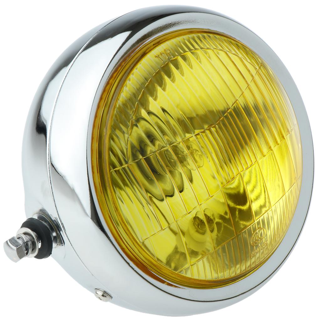 Retro Shell Motorcycle Clear Lens Headlight with Trim Ring Silver + Yellow