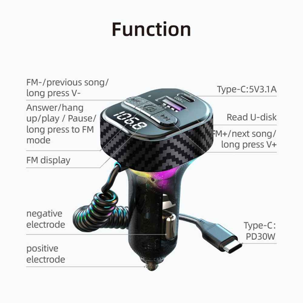 C52 Bluetooth-compatible Car MP3 Player FM Transmitter Type-C + QC3.0 USB Car Charger with PD 30W Type-C Cable