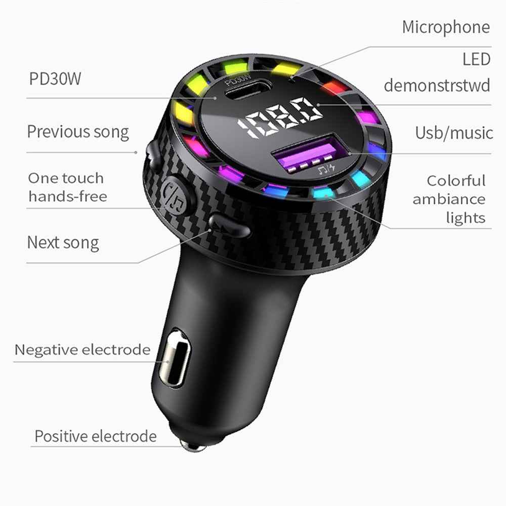 C55 USB+Type-C Car Fast Charger Bluetooth-compatible FM Transmitter with Breathing Light