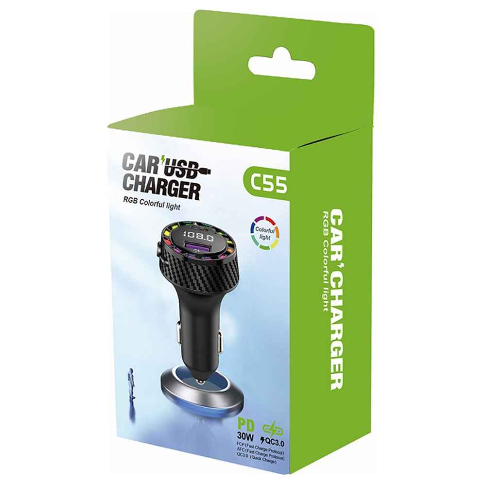 C55 USB+Type-C Car Fast Charger Bluetooth-compatible FM Transmitter with Breathing Light