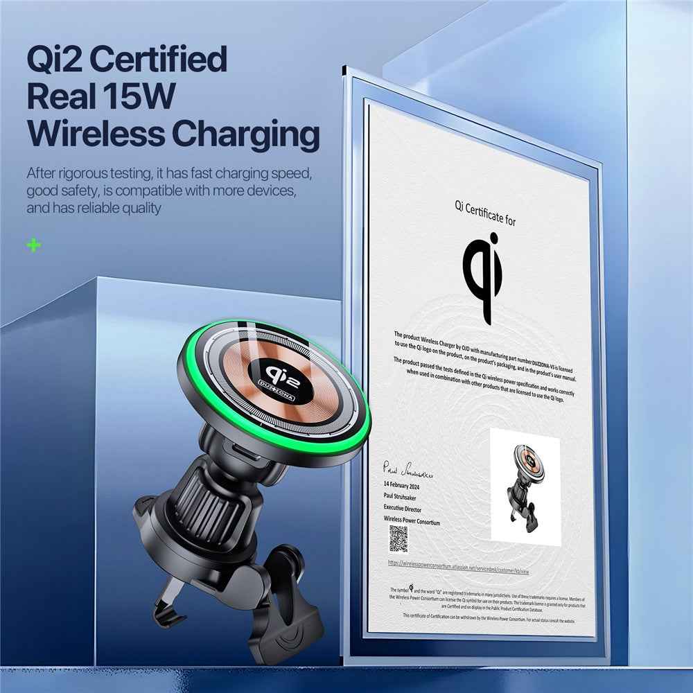 DUZZONA V5 15W Car Magnetic Wireless Charger for iPhone 16-15 Series Air Outlet Phone Charging Holder (Qi2 Certified)