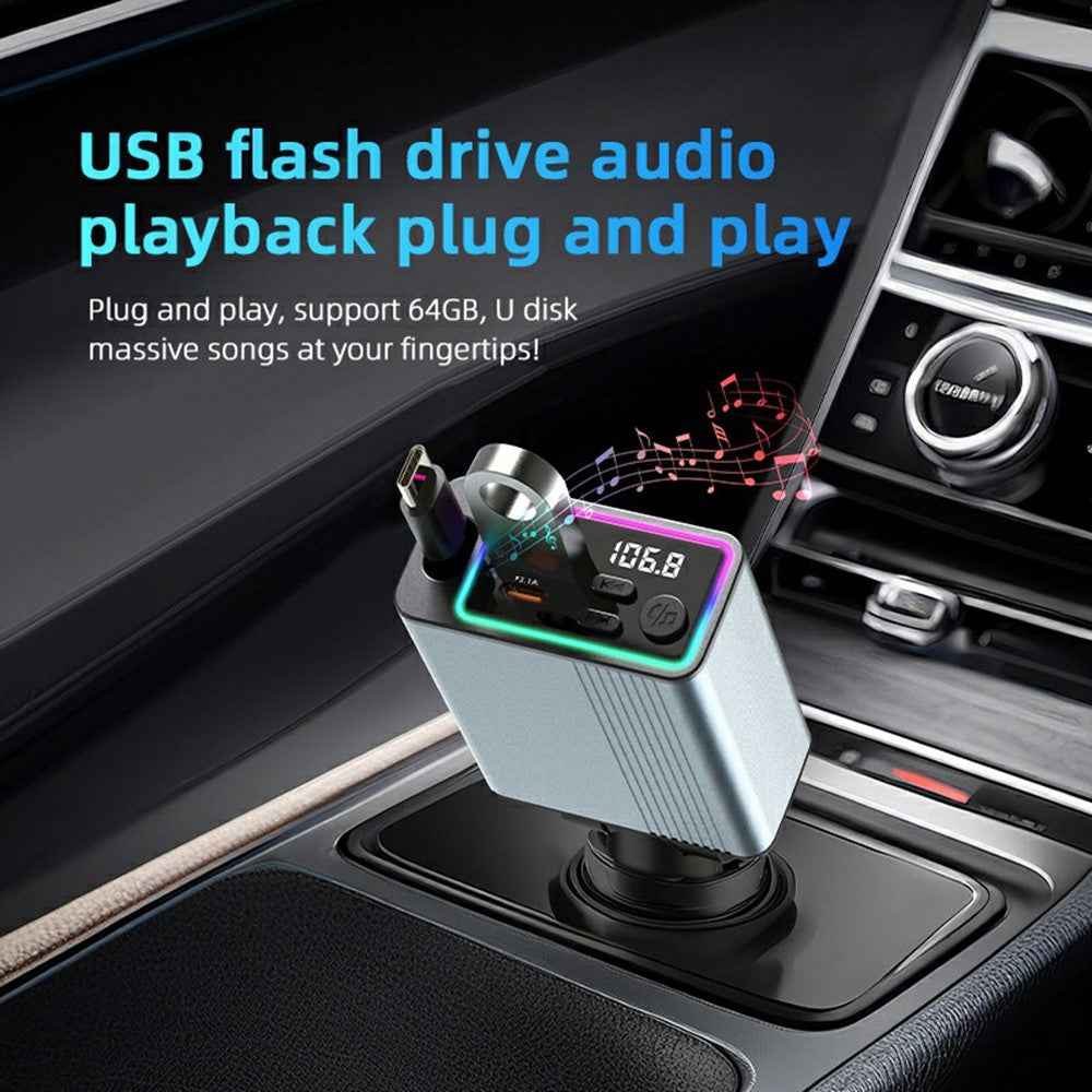C77 Bluetooth-compatible Car Charger FM Transmitter Fast Charging Adapter with PD 30W Extendable Type-C Cable