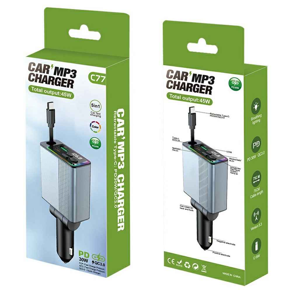 C77 Bluetooth-compatible Car Charger FM Transmitter Fast Charging Adapter with PD 30W Extendable Type-C Cable