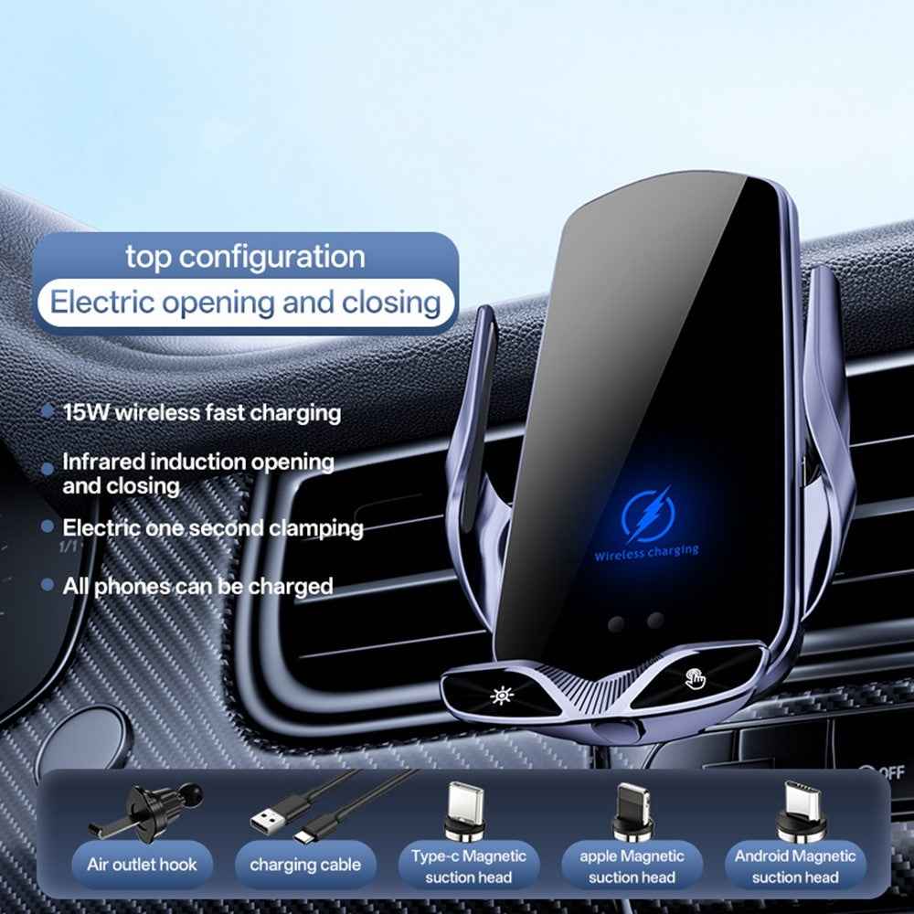 SD30 15W Car Wireless Charging Phone Holder 360° Rotation Smart Infrared Auto-Clamping Navigation Mount - Black